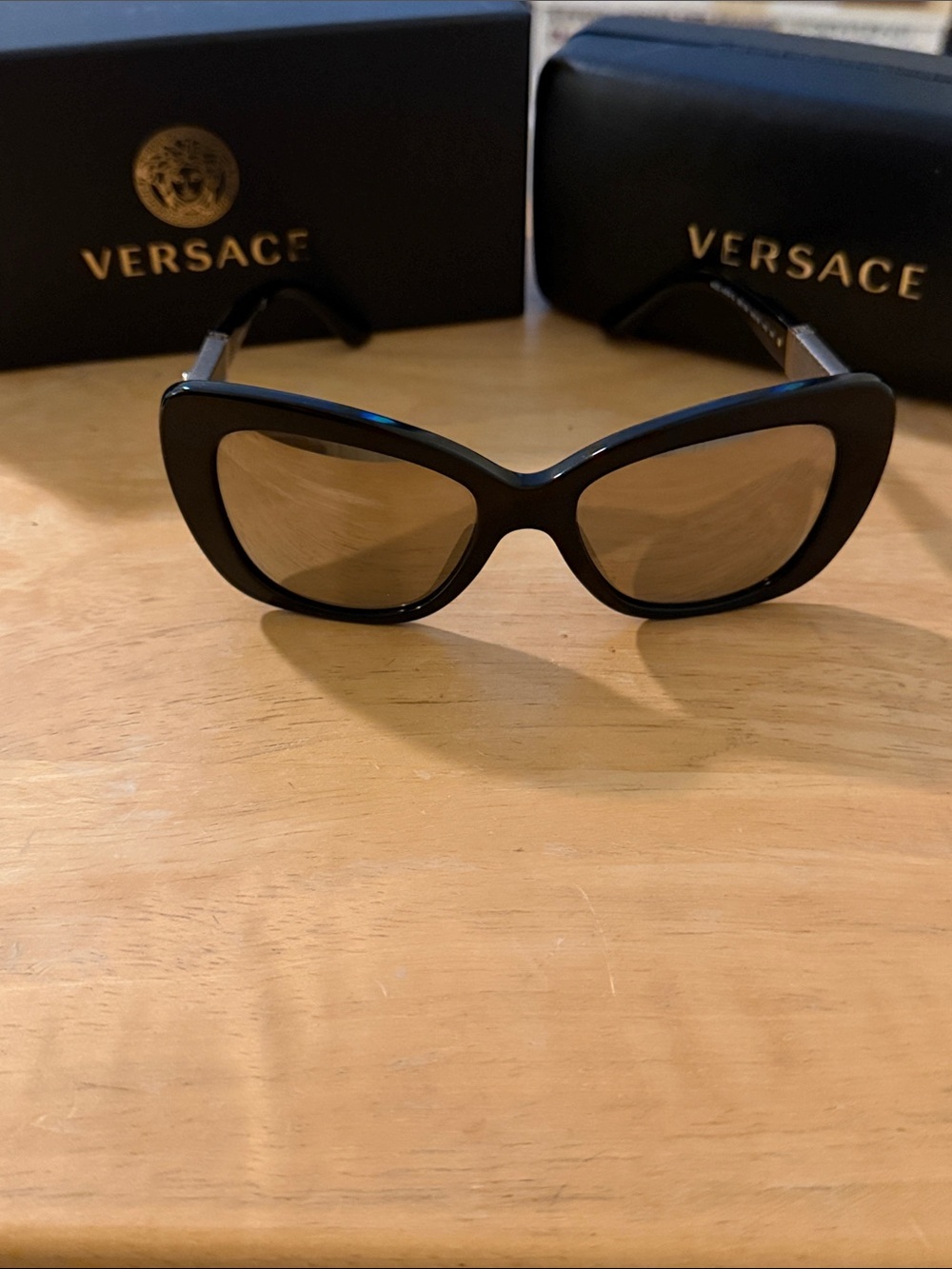 Versace Black Cat-Eye Sunglasses with Gold Mirrored Tinted Lenses